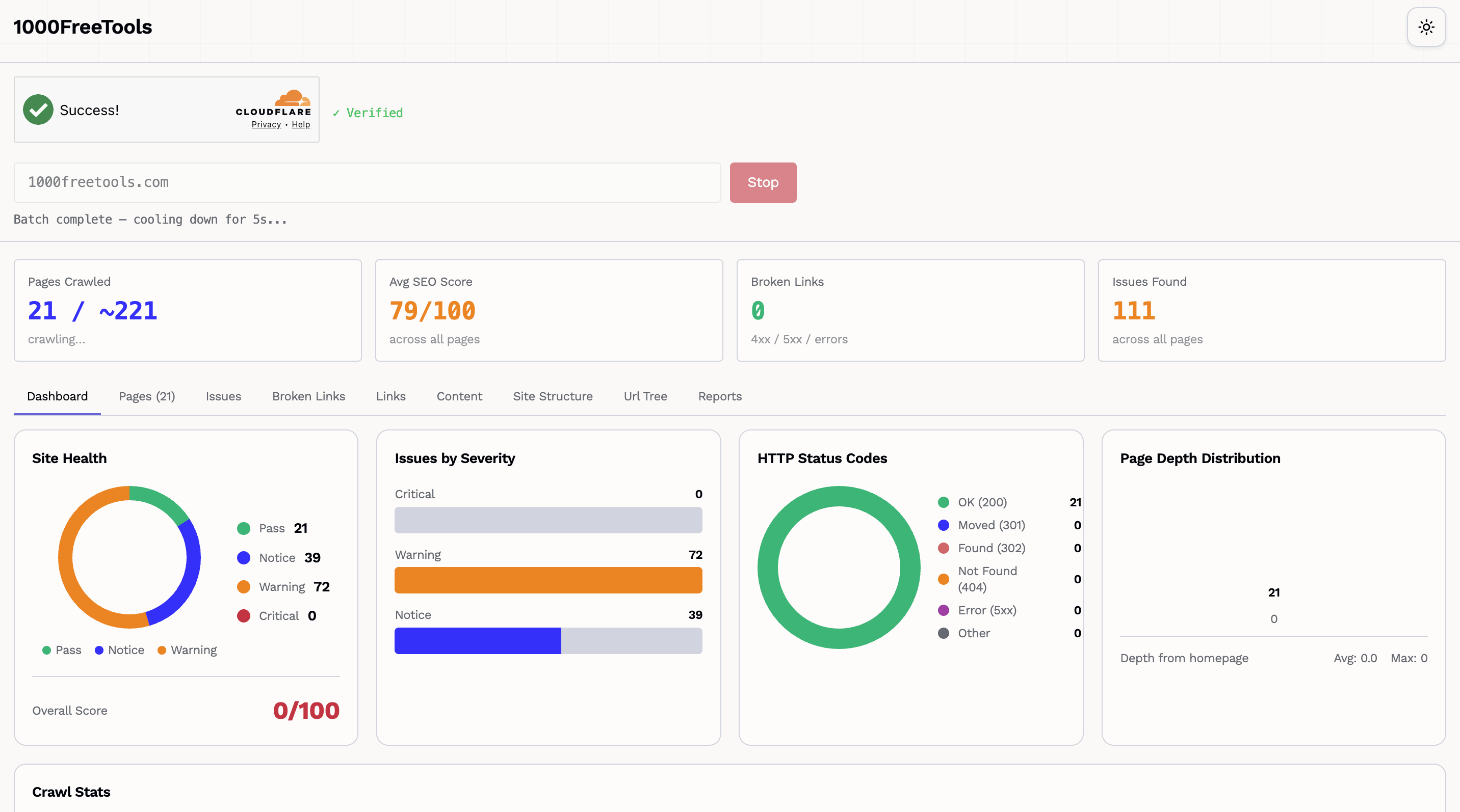 SEO Auditor Dashboard showing site analysis with SEO scores, issues found, broken links, and detailed charts for site health, HTTP status codes, and page depth distribution